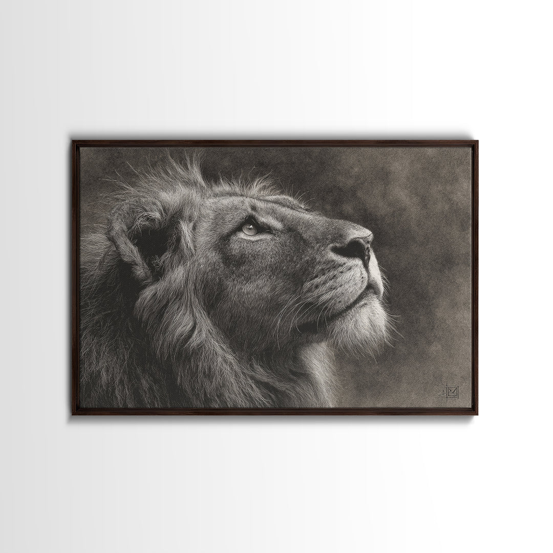 Dramatic Black and White Lion Portrait Framed Canvas Print, Black and White Art, Gallery Decor, Living Room Decor, Monochrome, BAW-3x2-45