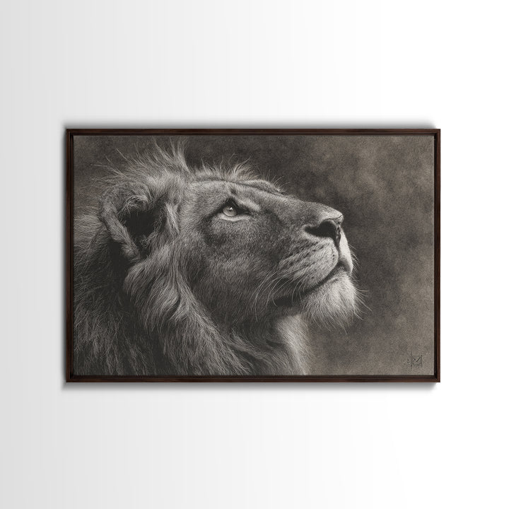 Dramatic Black and White Lion Portrait Framed Canvas Print, Black and White Art, Gallery Decor, Living Room Decor, Monochrome, BAW-3x2-45