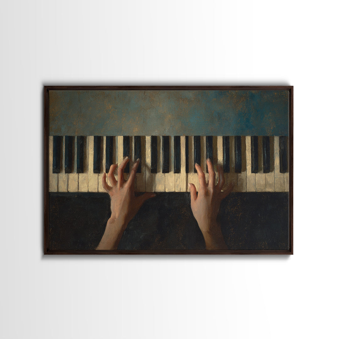 Piano Keys and Hands Framed Canvas Print, Black and White Art, Modern Wall Art, Living Room Decor, Oil Painting, Monochrome, BAW-3x2-50