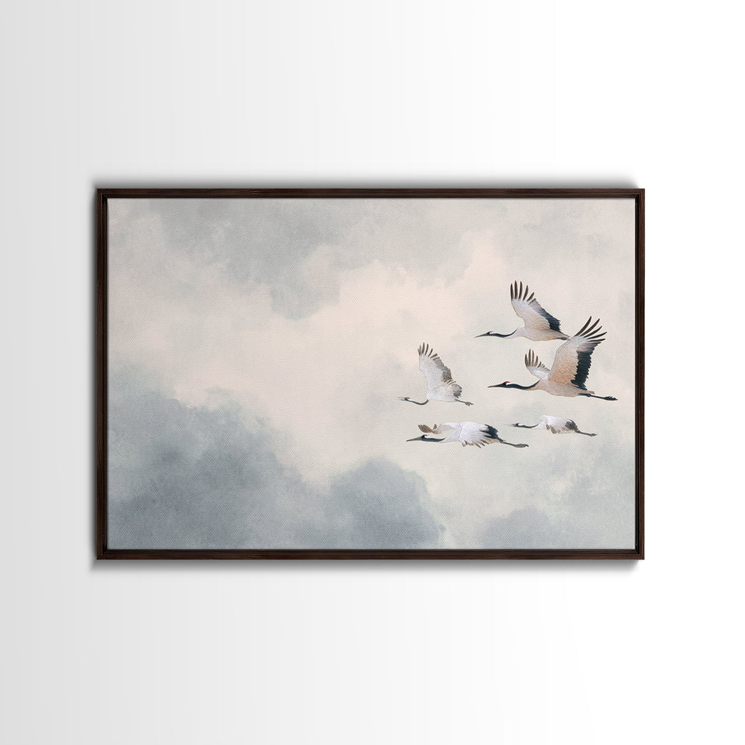 Black Ink Crane Flying Across Empty Sky Canvas Print, Black and White Art, Photo Prints, Living Room Decor, Monochrome, BAW-3x2-65