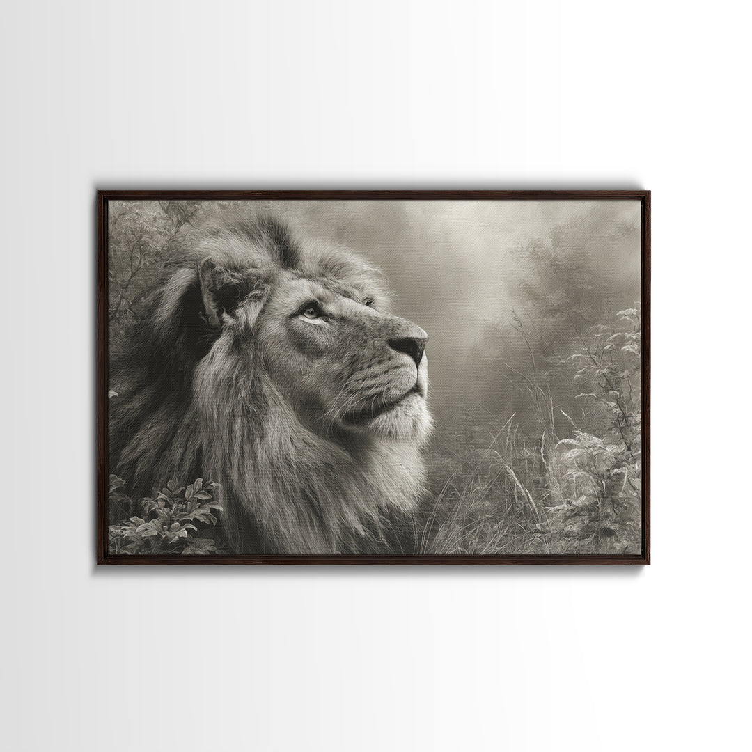 Dramatic Black and White Lion Portrait Framed Canvas Print, Black and White Art, Gallery Decor, Living Room Decor, Monochrome, BAW-3x2-69
