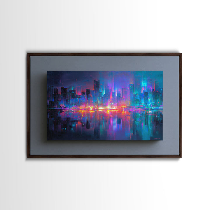 Monochrome City Skyline Reflected Framed Canvas Print, Black and White Art, Art, Living Room Decor, Fine Art, Monochrome, BAW-3x2-87