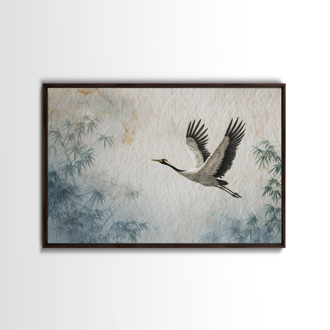 Black Ink Crane Flying Across Empty Sky Canvas Print, Black and White Art, Boho Decor, Living Room Decor, Oil Painting, BAW-3x2-89