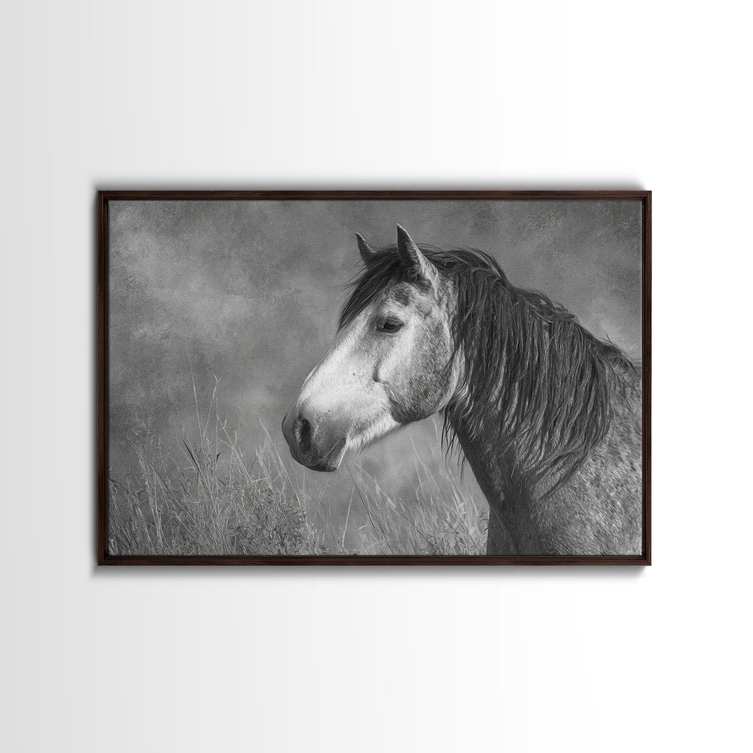 Black and White Wild Horse Portrait Framed Canvas Print, Black and White Art, Canvas Print, Living Room Decor, Monochrome, BAW-3x2-9