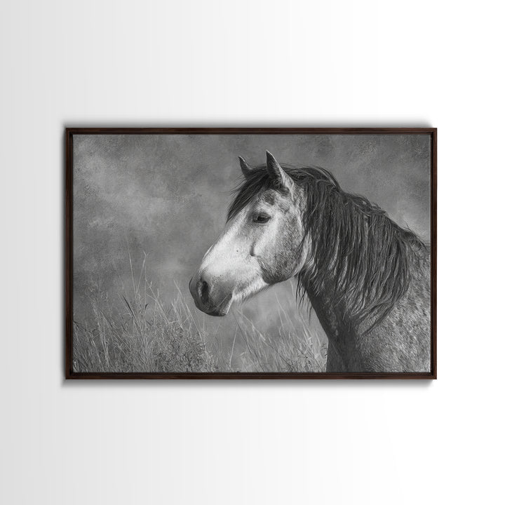 Black and White Wild Horse Portrait Framed Canvas Print, Black and White Art, Canvas Print, Living Room Decor, Monochrome, BAW-3x2-9
