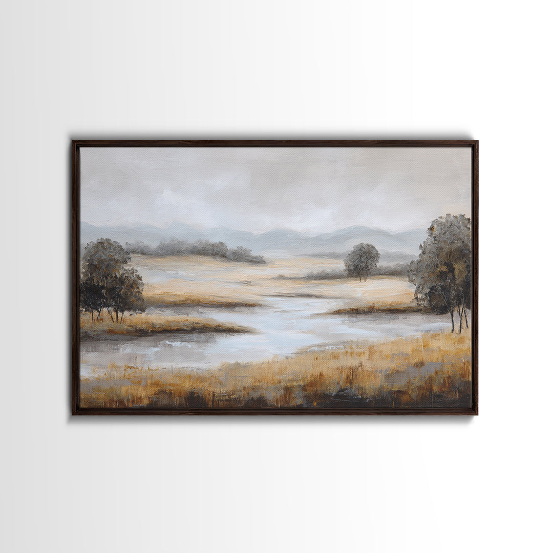Misty Bridge Landscape Framed Canvas Print, Black and White Art, Printable, Living Room Decor, Monochrome, Retro Wall Art, BAW-3x2-95