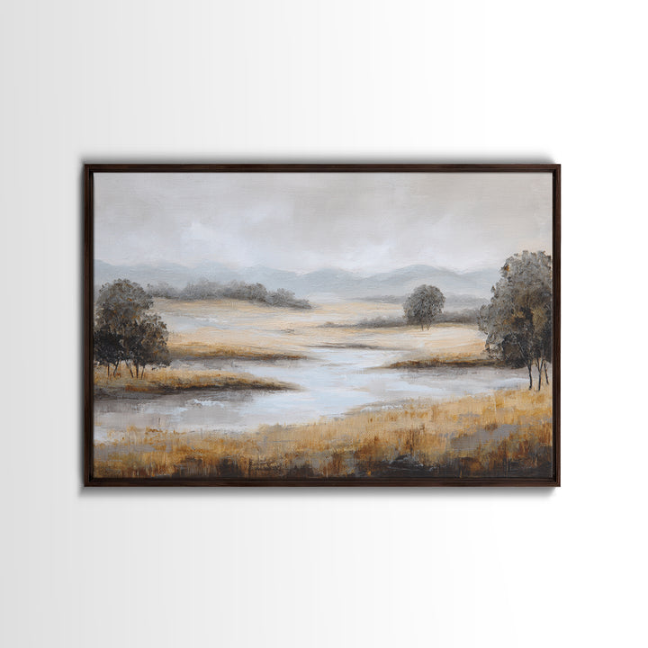 Misty Bridge Landscape Framed Canvas Print, Black and White Art, Printable, Living Room Decor, Monochrome, Retro Wall Art, BAW-3x2-95