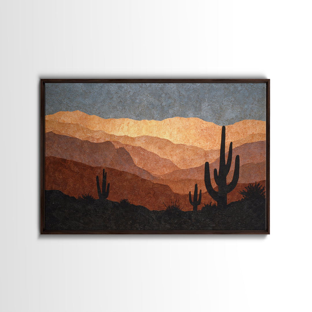Monochrome Desert Cactus Silhouette Framed Canvas Print, Black and White Art, Luxury Decor, Living Room Decor, Monochrome, BAW-3x2-97