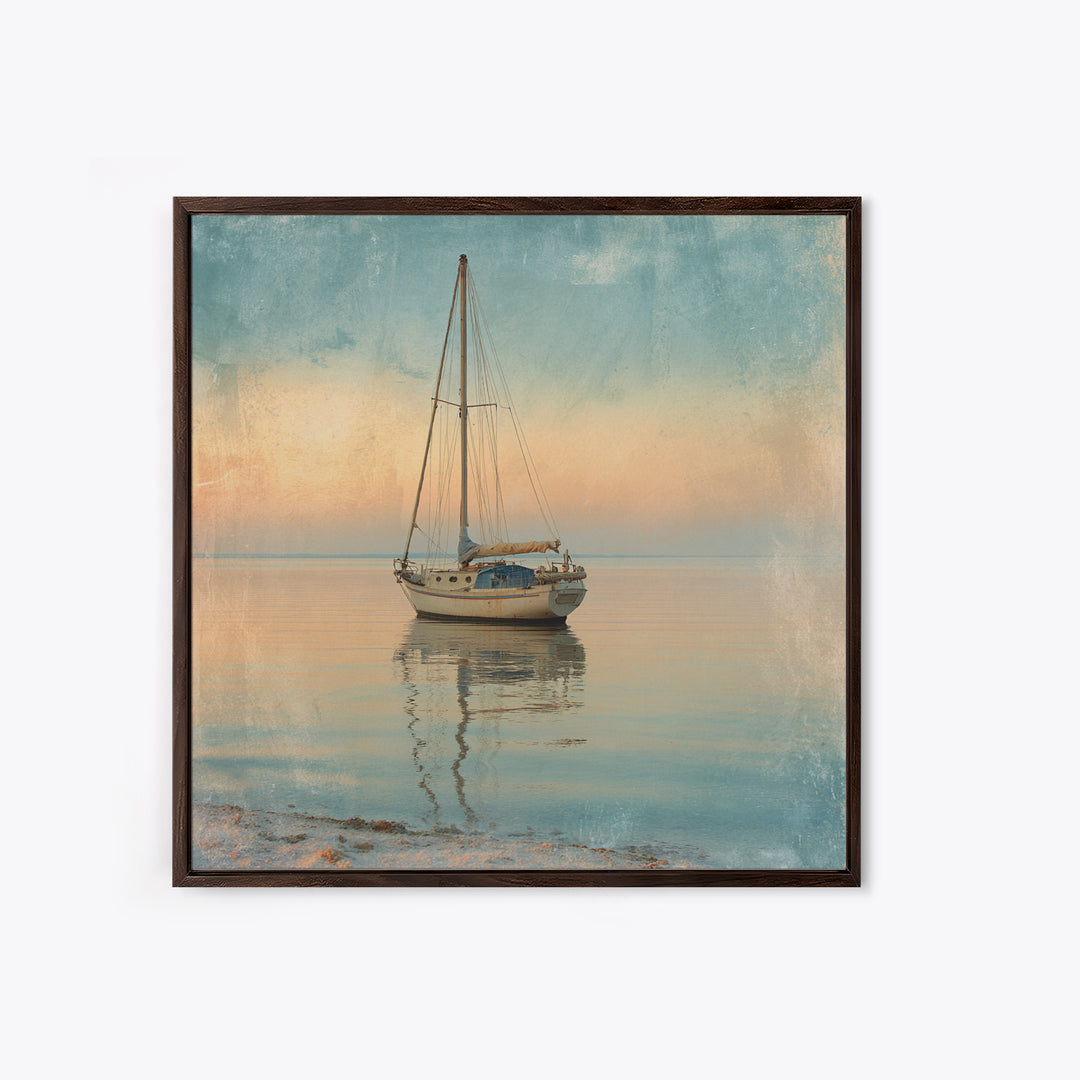 Sunset Sailboat Silhouette on Calm Water Canvas Print, Beach Art, Modern Art, Coastal Decor, Oil Painting, Shore, Luxury Decor, BEA-1x1-30