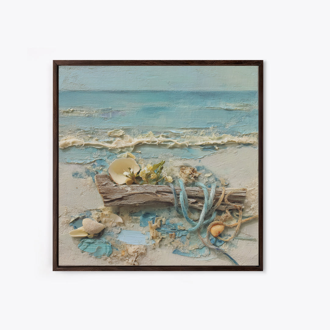 Driftwood and Wildflowers on Sand Framed Canvas Print, Beach Art, Coastal Decor, Oil Painting, Shore, Boho Decor, BEA-1x1-46