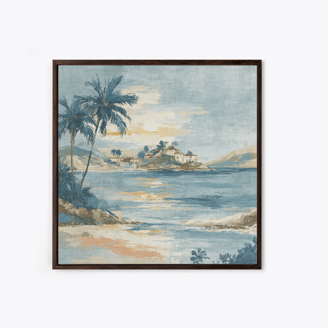 Moonlit Tropical Beach Framed Canvas Print, Beach Art, Art, Coastal Decor, Fine Art, Shore, Abstract Wall Art, Whimsical Decor, BEA-1x1-48