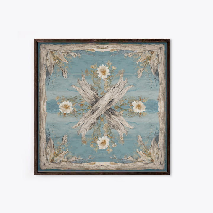 Driftwood and Wildflowers on Sand Framed Canvas Print, Beach Art, Coastal Decor, Oil Painting, Shore, Boho Decor, BEA-1x1-70