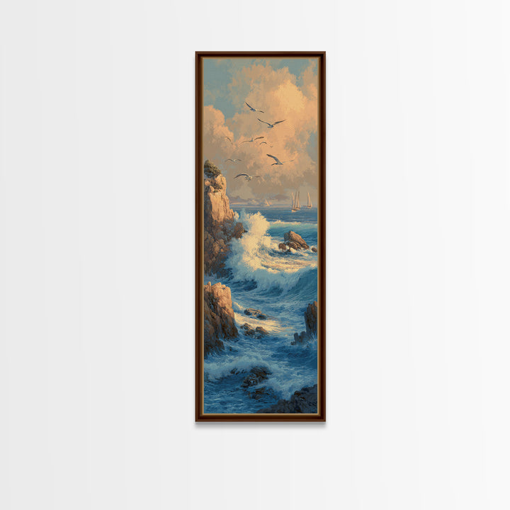 Coastal Cliffs with Gulls and Sea Spray Framed Canvas Print, Beach Art, Nautical Decor, Coastal Decor, Fine Art, Shore, BEA-1x3-71