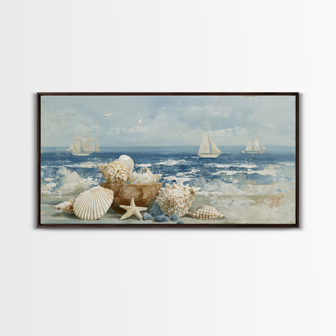 Nautical Rope and Shell Still Life Framed Canvas Print, Beach Art, Minimalist Decor, Coastal Decor, Shore, Original Art, BEA-2x1-13