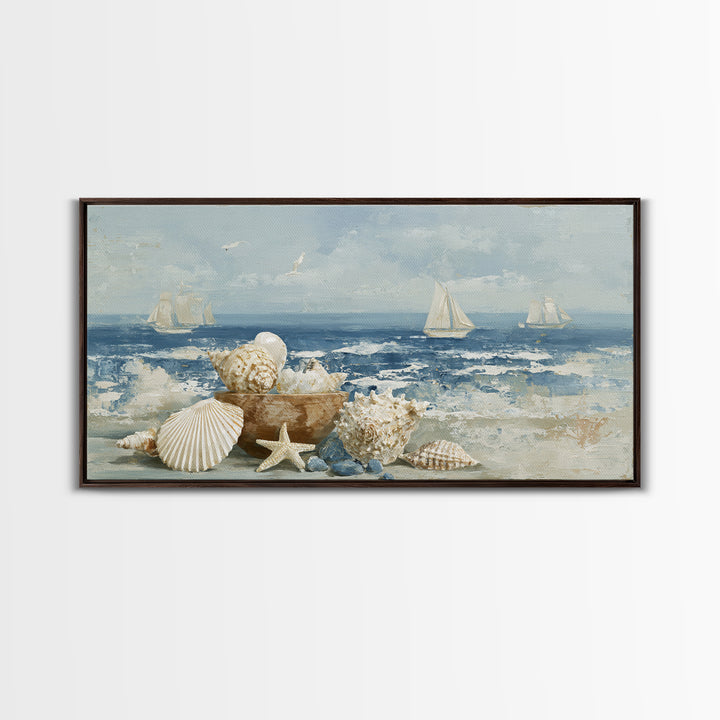 Nautical Rope and Shell Still Life Framed Canvas Print, Beach Art, Minimalist Decor, Coastal Decor, Shore, Original Art, BEA-2x1-13