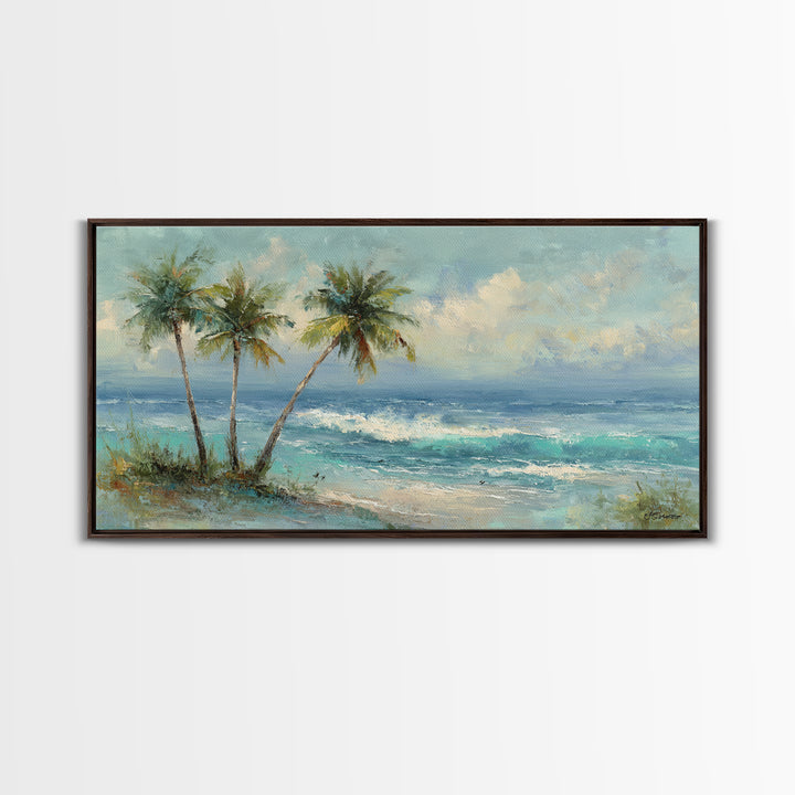 Tropical Palms Leaning Framed Canvas Print, Beach Art, Boho Decor, Coastal Decor, Fine Art, Shore, Art Prints, Digital Art, BEA-2x1-75