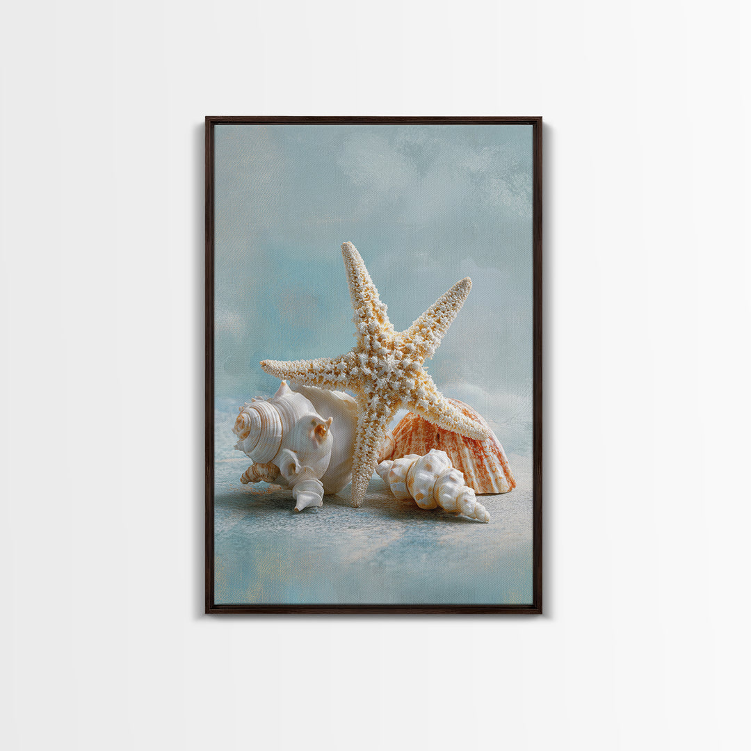 Sun Bleached Starfish and Shells Still Life Framed Canvas Print, Beach Art, Coastal Decor, Oil Painting, Shore, BEA-2x3-21