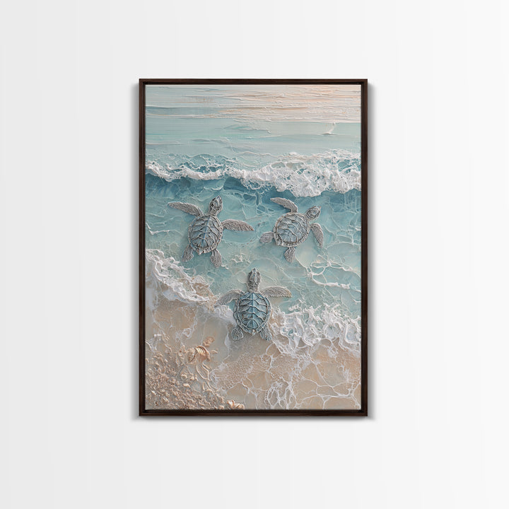 Family of Sea Turtles Crossing Moonlit Sand Framed Canvas Print, Beach Art, Textured Painting, Coastal Decor, Fine Art, Shore, BEA-2x3-22