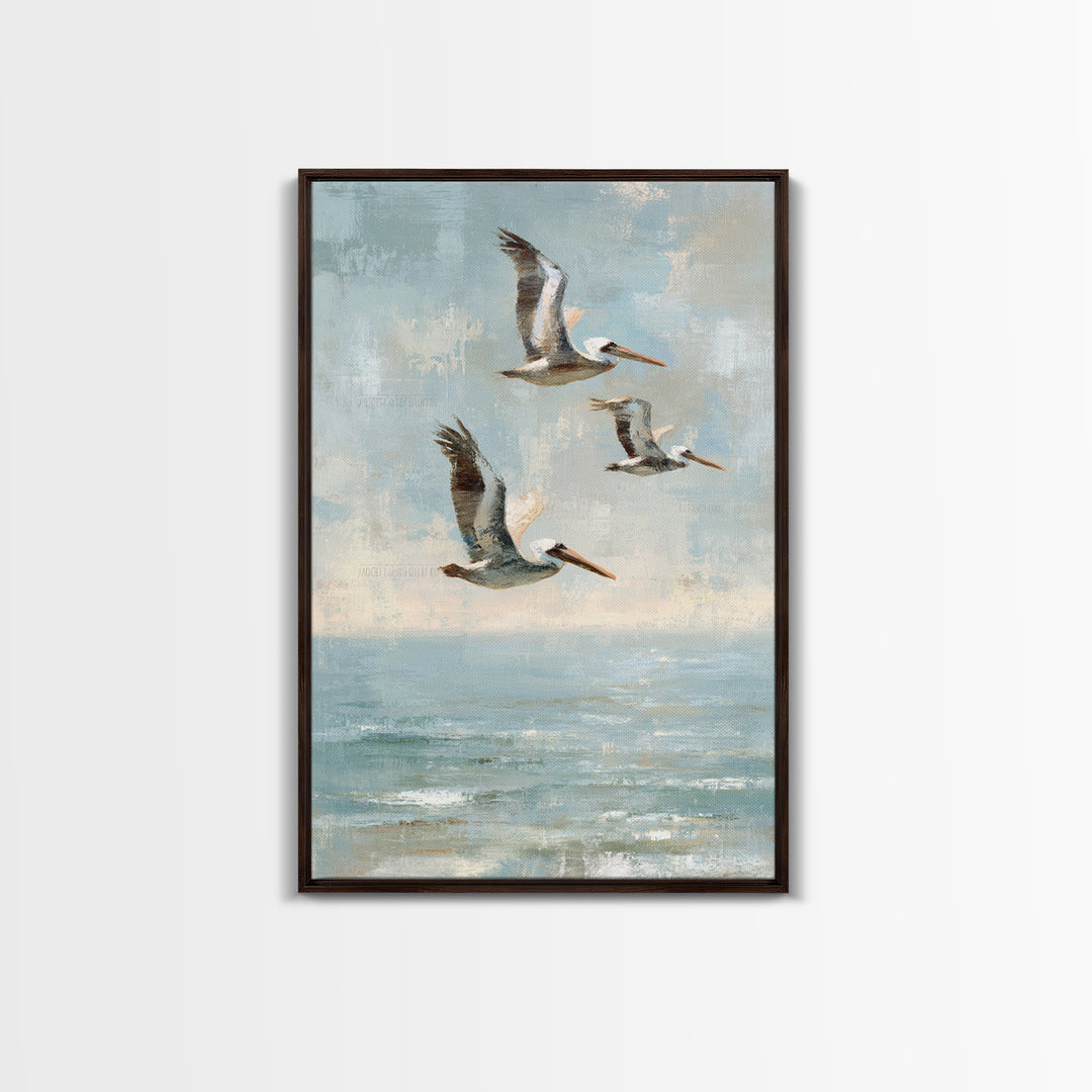 Pelicans Flying Low Framed Canvas Print, Beach Art, Beach Print, Coastal Decor, Fine Art, Shore, Textured Painting, BEA-2x3-3