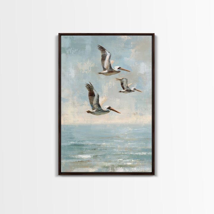 Pelicans Flying Low Framed Canvas Print, Beach Art, Beach Print, Coastal Decor, Fine Art, Shore, Textured Painting, BEA-2x3-3