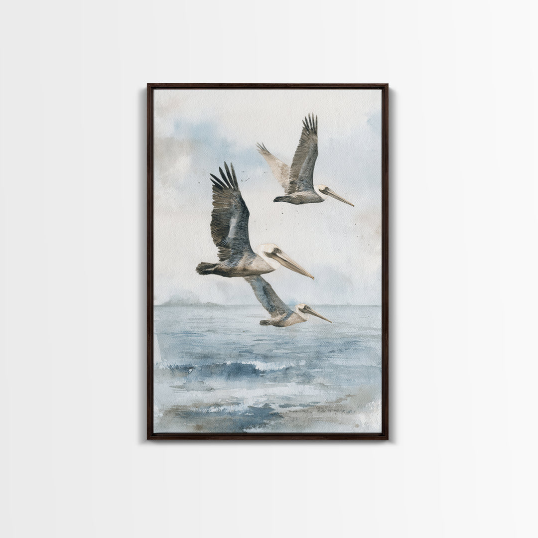 Pelicans Flying Low Framed Canvas Print, Beach Art, Room Decor, Coastal Decor, Oil Painting, Shore, Original Painting, BEA-2x3-51