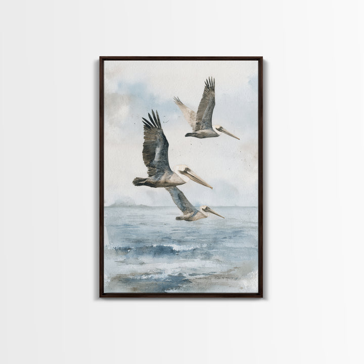 Pelicans Flying Low Framed Canvas Print, Beach Art, Room Decor, Coastal Decor, Oil Painting, Shore, Original Painting, BEA-2x3-51