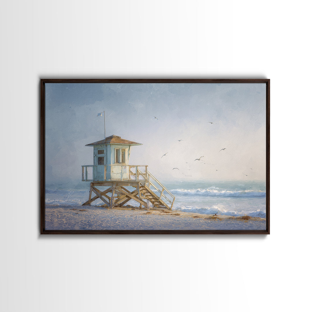 Quiet Lifeguard Tower at Golden Hour Framed Canvas Print, Beach Art, Coastal Decor, Oil Painting, Shore, Whimsical Decor, BEA-3x2-55