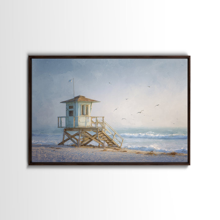 Quiet Lifeguard Tower at Golden Hour Framed Canvas Print, Beach Art, Coastal Decor, Oil Painting, Shore, Whimsical Decor, BEA-3x2-55