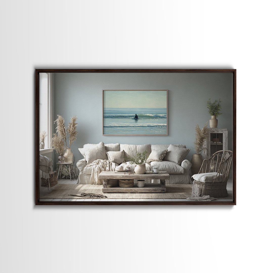 Surfer Silhouette Riding a Glassy Wave Framed Canvas Print, Beach Art, Art, Coastal Decor, Oil Painting, Shore, BEA-3x2-91