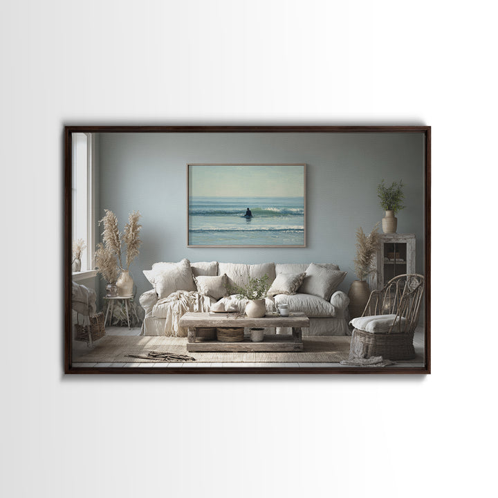 Surfer Silhouette Riding a Glassy Wave Framed Canvas Print, Beach Art, Art, Coastal Decor, Oil Painting, Shore, BEA-3x2-91