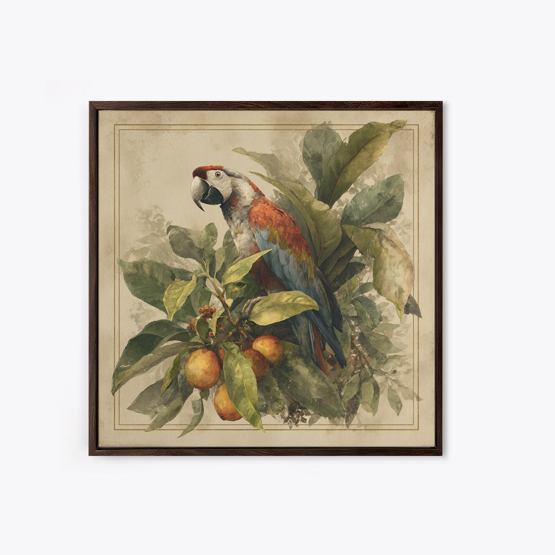 Parrot Among Tropical Leaves and Fruit Canvas Print, Bird Art, Living Room Art, Living Room Decor, Watercolor Art, Flight, BIR-1x1-13