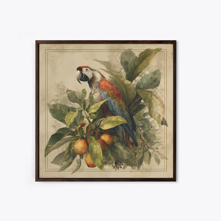 Parrot Among Tropical Leaves and Fruit Canvas Print, Bird Art, Living Room Art, Living Room Decor, Watercolor Art, Flight, BIR-1x1-13