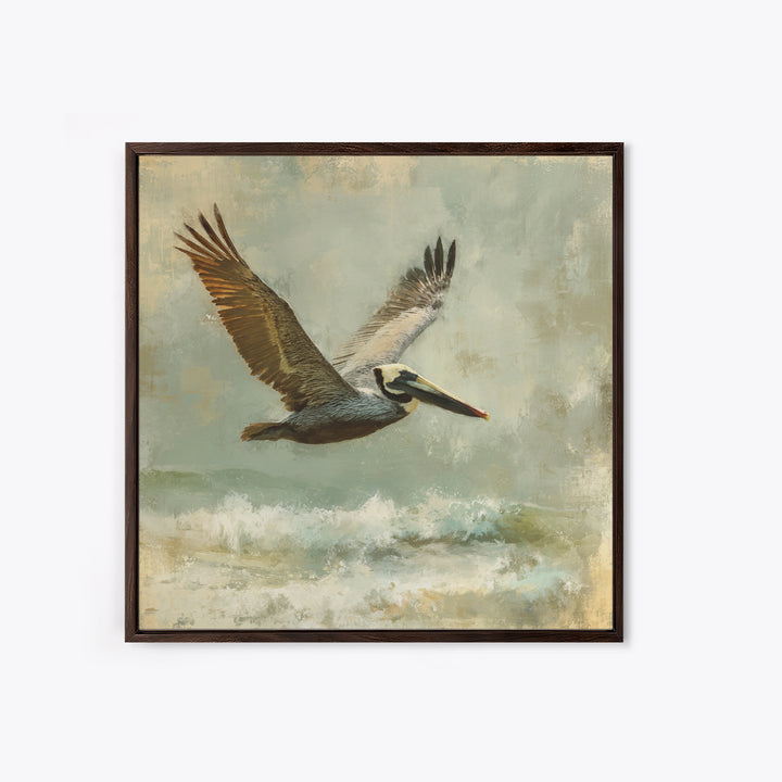 Pelican Flying over Coastal Waves Canvas Print, Bird Art, Modern Art, Living Room Decor, Fine Art, Flight, Floral Art, BIR-1x1-18