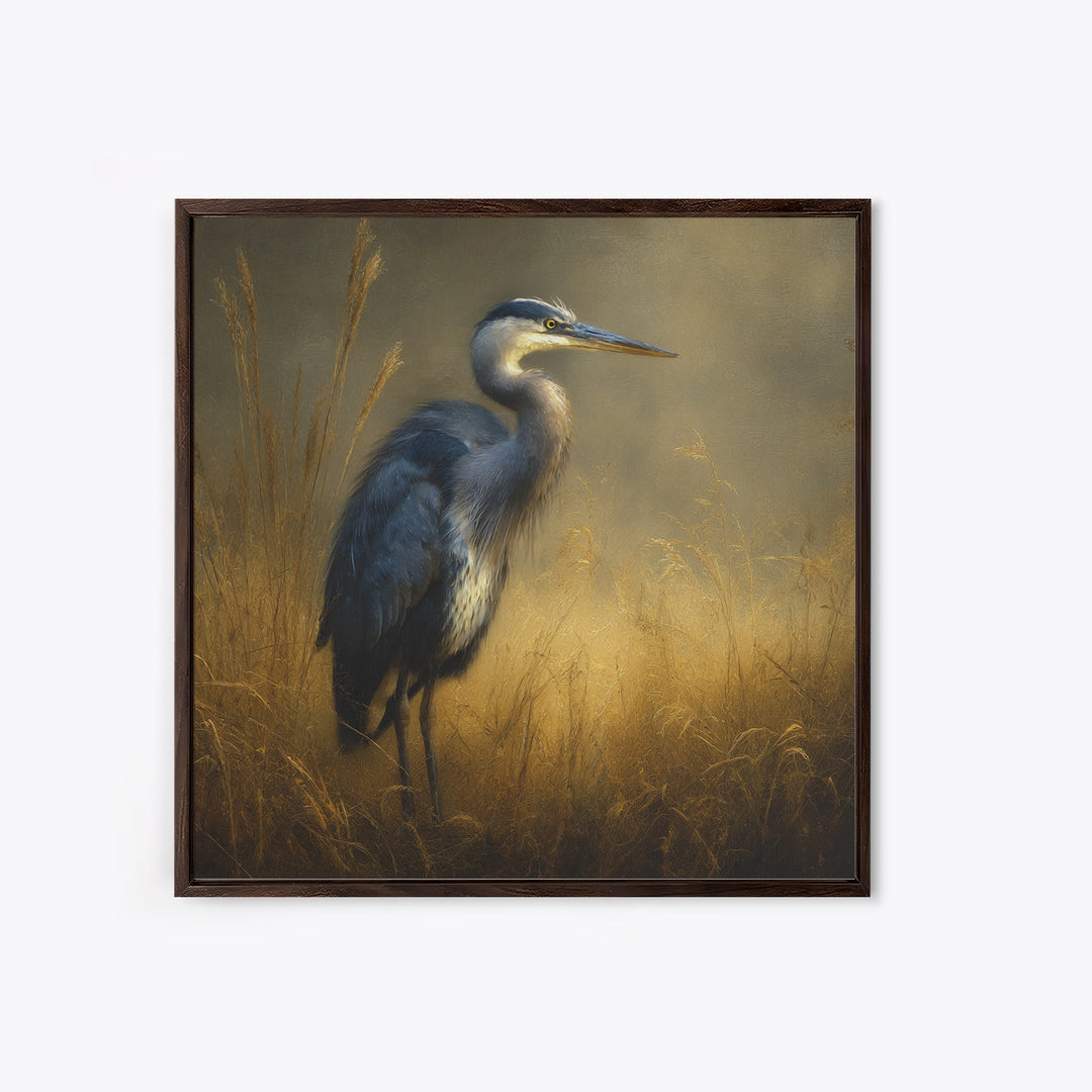 Blue Heron in Misty Marsh Grass Framed Canvas Print, Bird Art, Gallery Wall, Living Room Decor, Fine Art, Flight, Gallery Decor, BIR-1x1-2