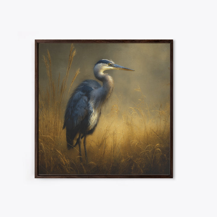 Blue Heron in Misty Marsh Grass Framed Canvas Print, Bird Art, Gallery Wall, Living Room Decor, Fine Art, Flight, Gallery Decor, BIR-1x1-2