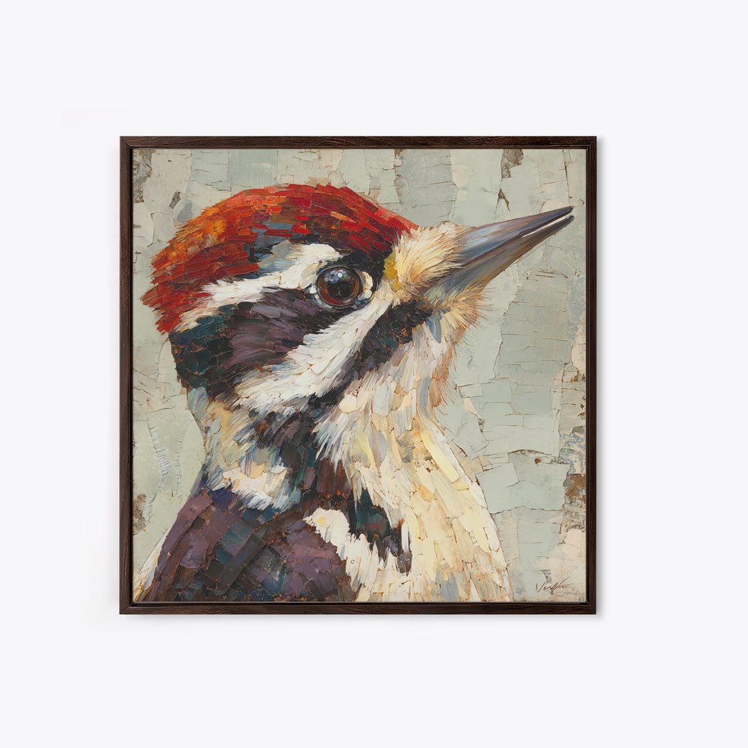 Woodpecker on Birch Bark Texture Framed Canvas Print, Bird Art, Bird Wall Art, Living Room Decor, Fine Art, Flight, Art Print, BIR-1x1-21
