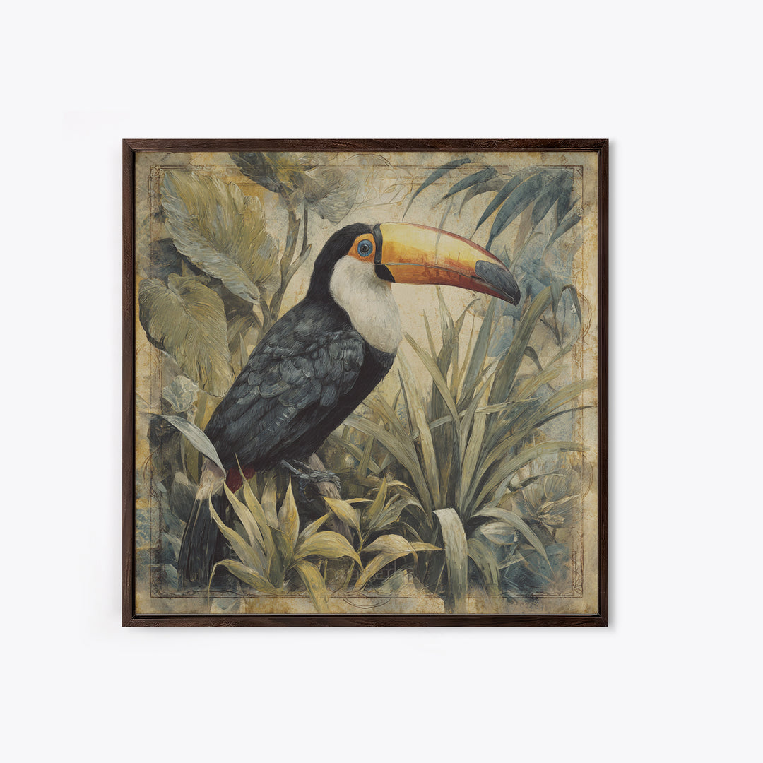 Toucan Framed by Bold Jungle Foliage Canvas Print, Bird Art, Printable Art, Living Room Decor, Flight, Mid Century Wall Art, BIR-1x1-23