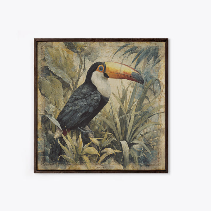 Toucan Framed by Bold Jungle Foliage Canvas Print, Bird Art, Printable Art, Living Room Decor, Flight, Mid Century Wall Art, BIR-1x1-23