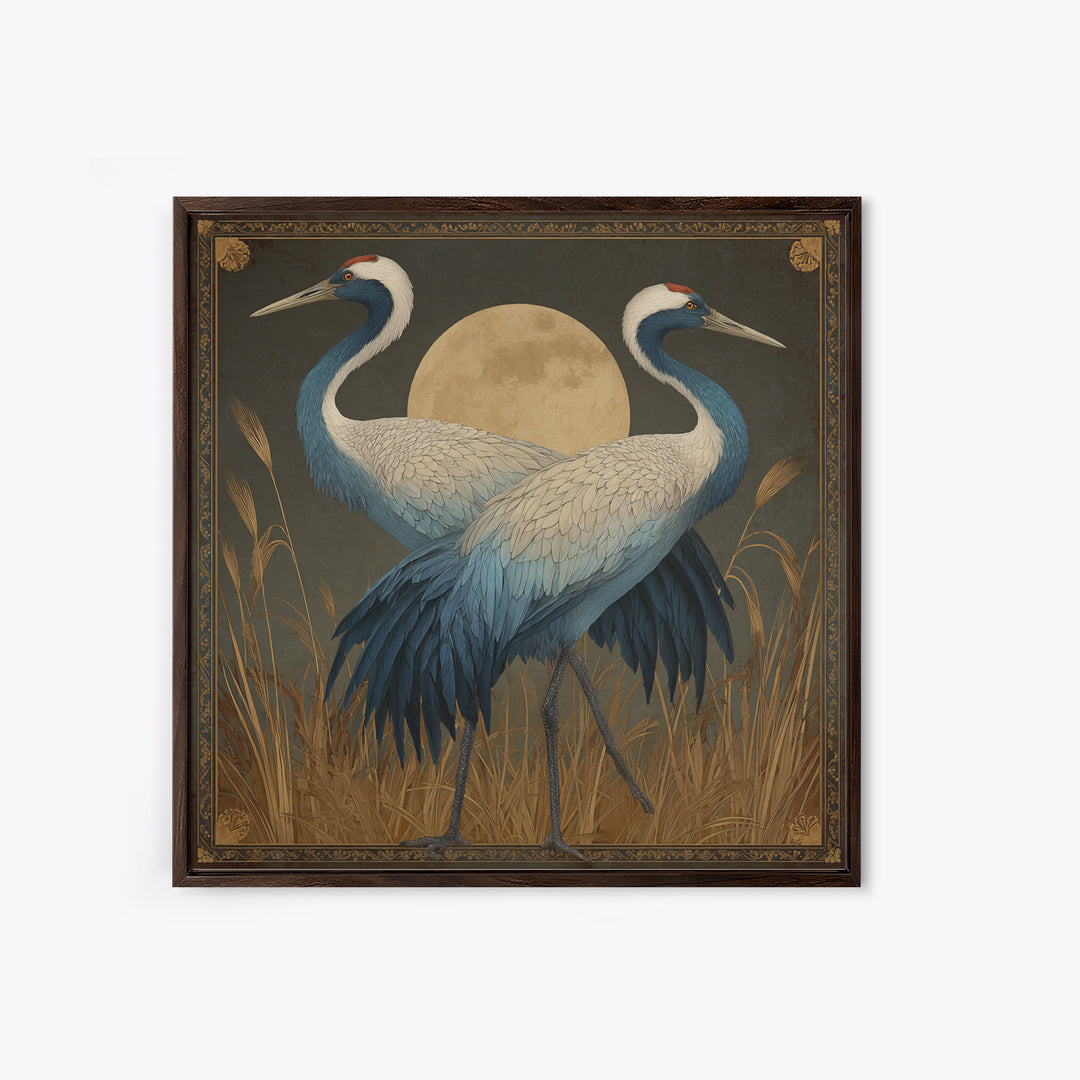 Pair of Cranes Dancing Framed Canvas Print, Bird Art, Living Room Decor, Fine Art, Flight, Rustic Home Decor, Floral Art, BIR-1x1-27