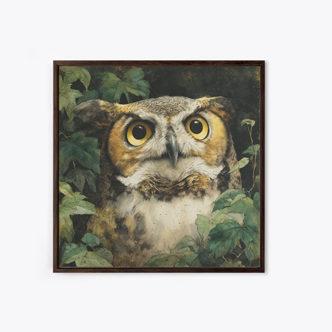 Owl Portrait with Wise Golden Eyes Framed Canvas Print, Bird Art, Fine Art Print, Living Room Decor, Fine Art, Flight, BIR-1x1-29