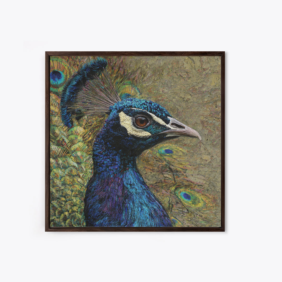 Peacock with Jewel Tone Feather Pattern Canvas Print, Bird Art, Modern Art, Living Room Decor, Fine Art, Flight, Floral Art, BIR-1x1-31