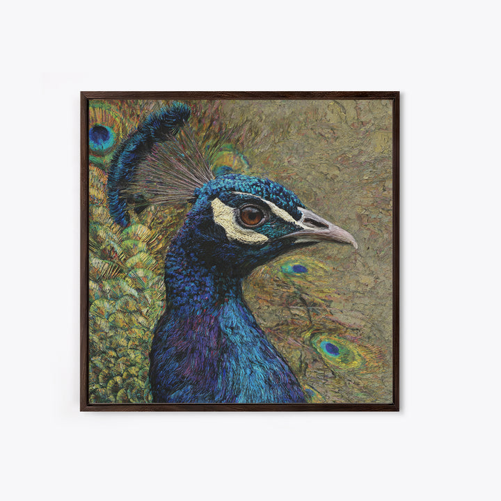 Peacock with Jewel Tone Feather Pattern Canvas Print, Bird Art, Modern Art, Living Room Decor, Fine Art, Flight, Floral Art, BIR-1x1-31