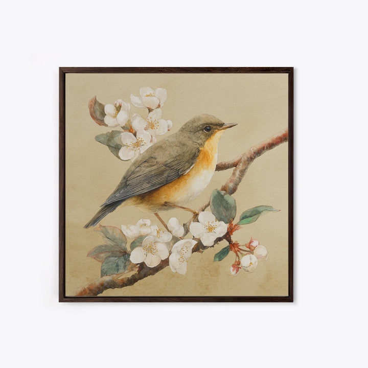 Songbird Perched on Cherry Blossoms Framed Canvas Print, Bird Art, Gallery Decor, Living Room Decor, Fine Art, Flight, BIR-1x1-32