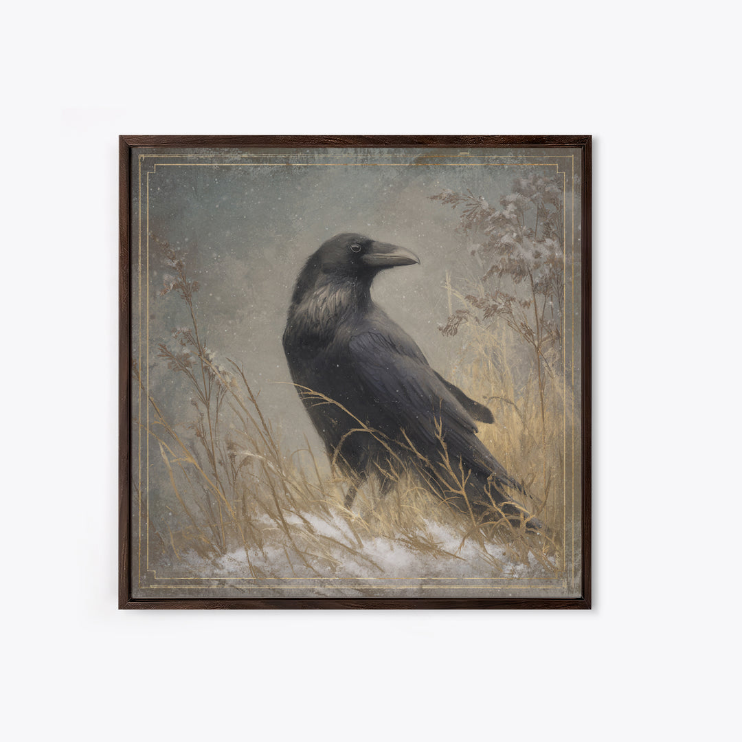 Raven Silhouette with Gothic Atmosphere Framed Canvas Print, Bird Art, Statement Artwork, Living Room Decor, Abstract Art, BIR-1x1-33
