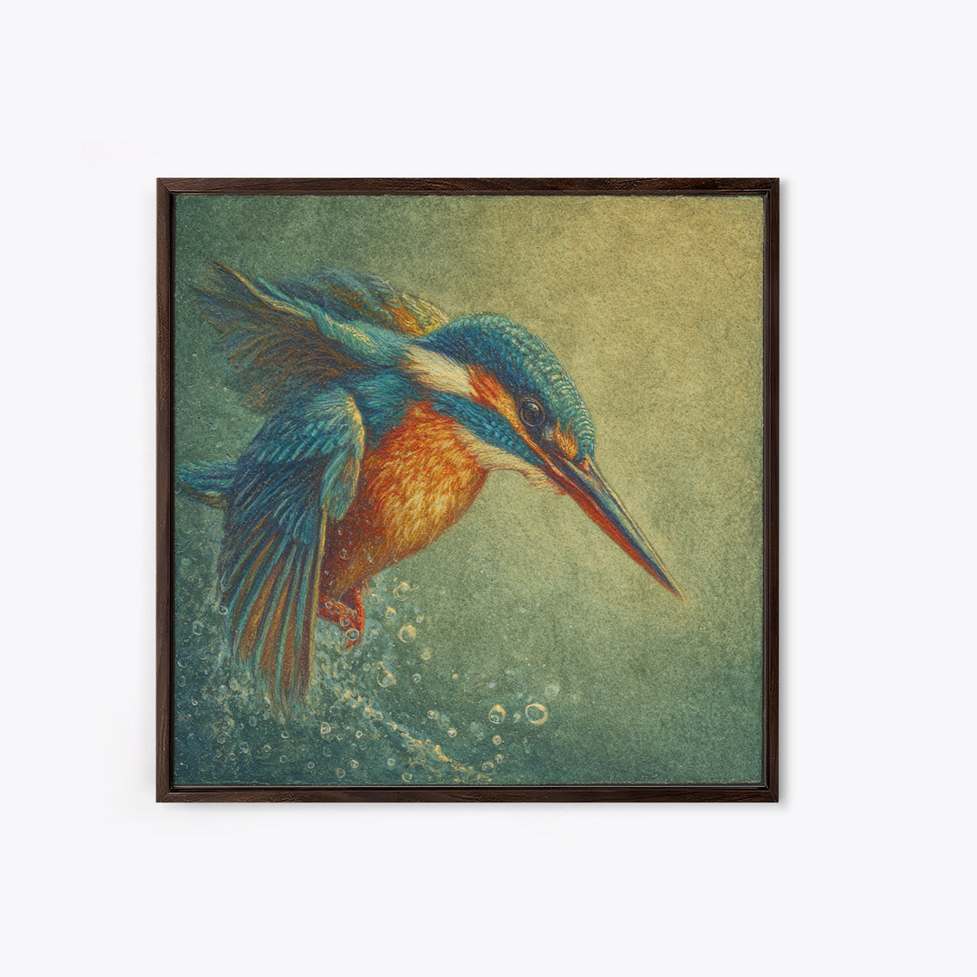 Kingfisher Diving Toward Blue Water Canvas Print, Bird Art, Botanical Wall Art, Living Room Decor, Flight, Forest Wall Art, BIR-1x1-35