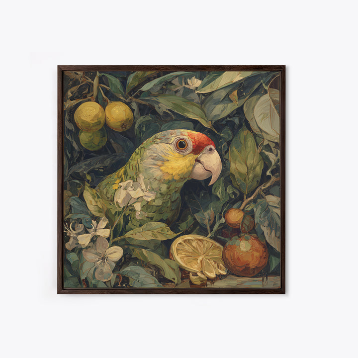 Parrot Among Tropical Leaves and Fruit Framed Canvas Print, Bird Art, Forest Wall Art, Living Room Decor, Oil Painting, Flight, BIR-1x1-37
