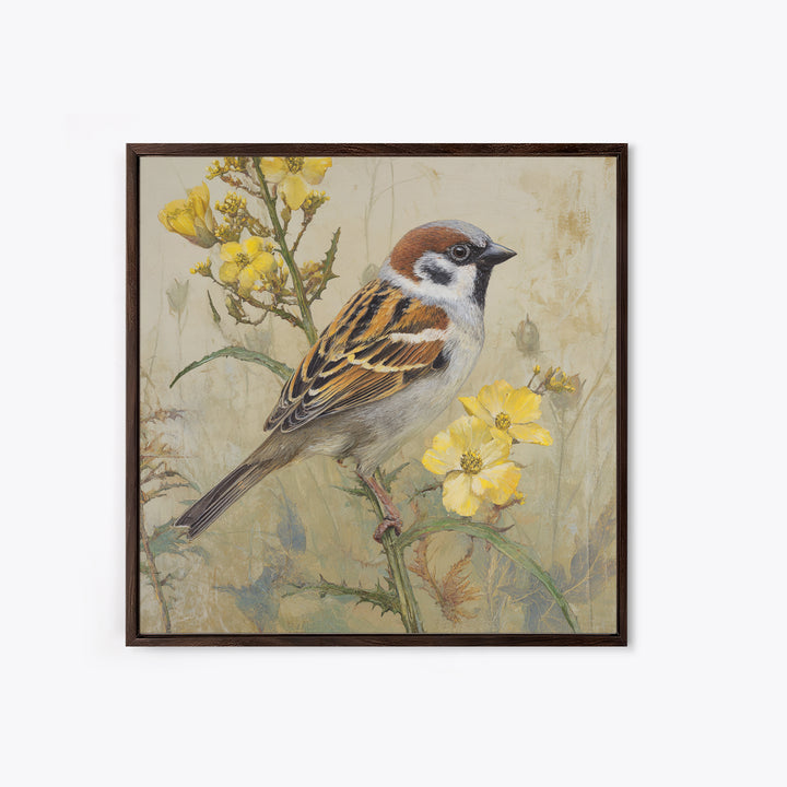 Small Sparrow on Wildflower Stem Framed Canvas Print, Bird Art, Nature Wall Art, Living Room Decor, Fine Art, Flight, BIR-1x1-38