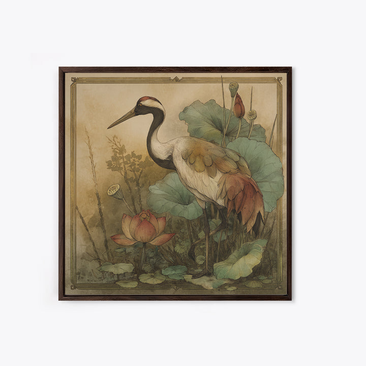 Crane and Lotus Composition Framed Canvas Print, Bird Art, Gallery Decor, Living Room Decor, Fine Art, Flight, Contemporary Art, BIR-1x1-41
