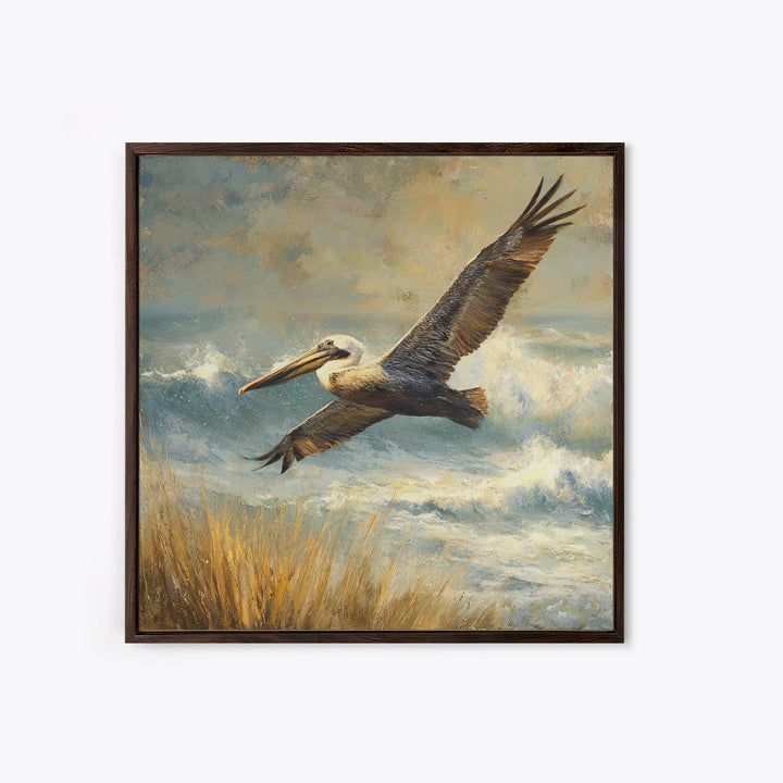 Pelican Flying over Coastal Waves Framed Canvas Print, Bird Art, Digital Download Art, Living Room Decor, Abstract Art, Flight, BIR-1x1-42