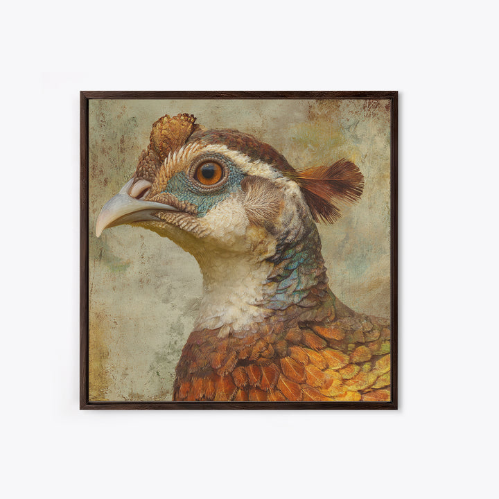 Pheasant with Ornate Feather Details Framed Canvas Print, Bird Art, Mcm Decor, Living Room Decor, Oil Painting, Flight, BIR-1x1-43